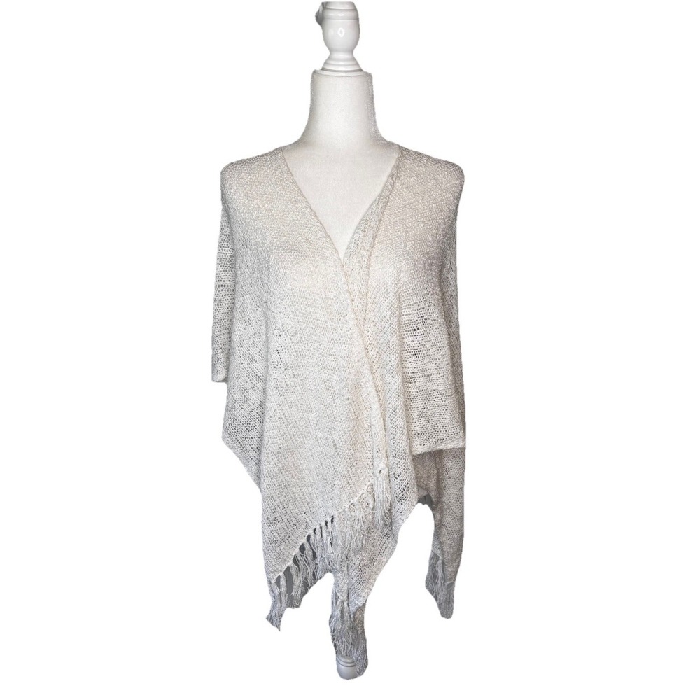 Coldwater Creek Open Knit Shawl Wrap White Fringe OSFM Classic Boho Hippie